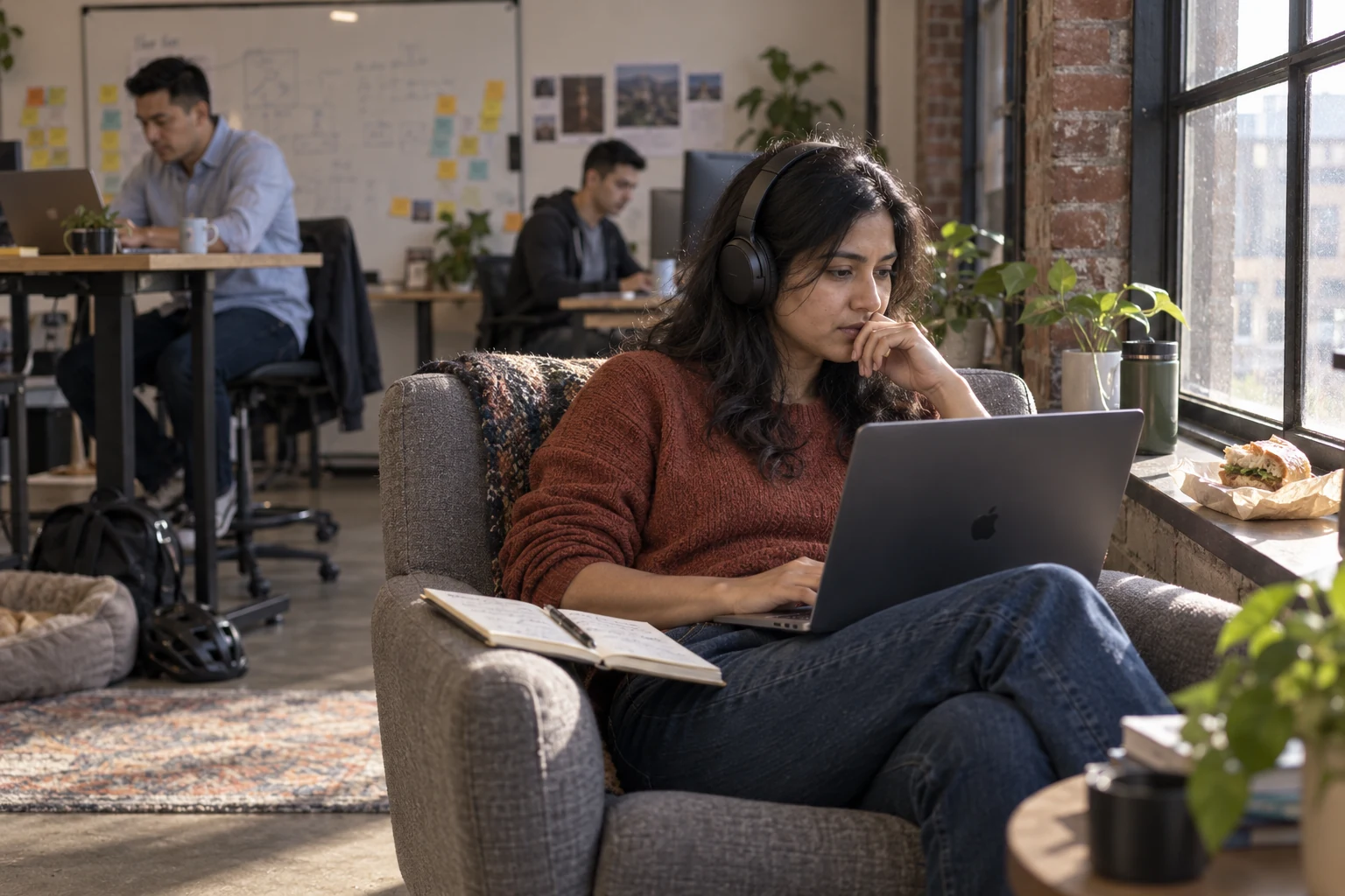 Illustrative workplace scene: an analyst reviews a laptop and notebook by a window, with colleagues working in the background.