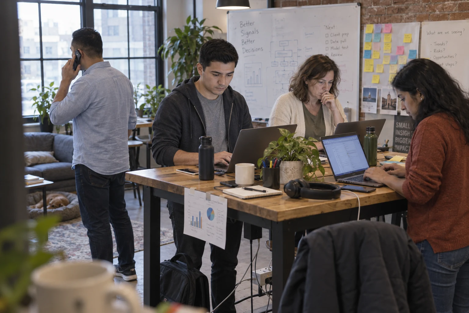 Illustrative workplace scene: four colleagues work independently at a shared standing table while one takes a call.