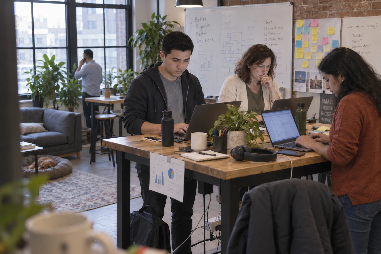 Illustrative workplace scene: colleagues work at a shared standing table while a coworker takes a call beside the windows.