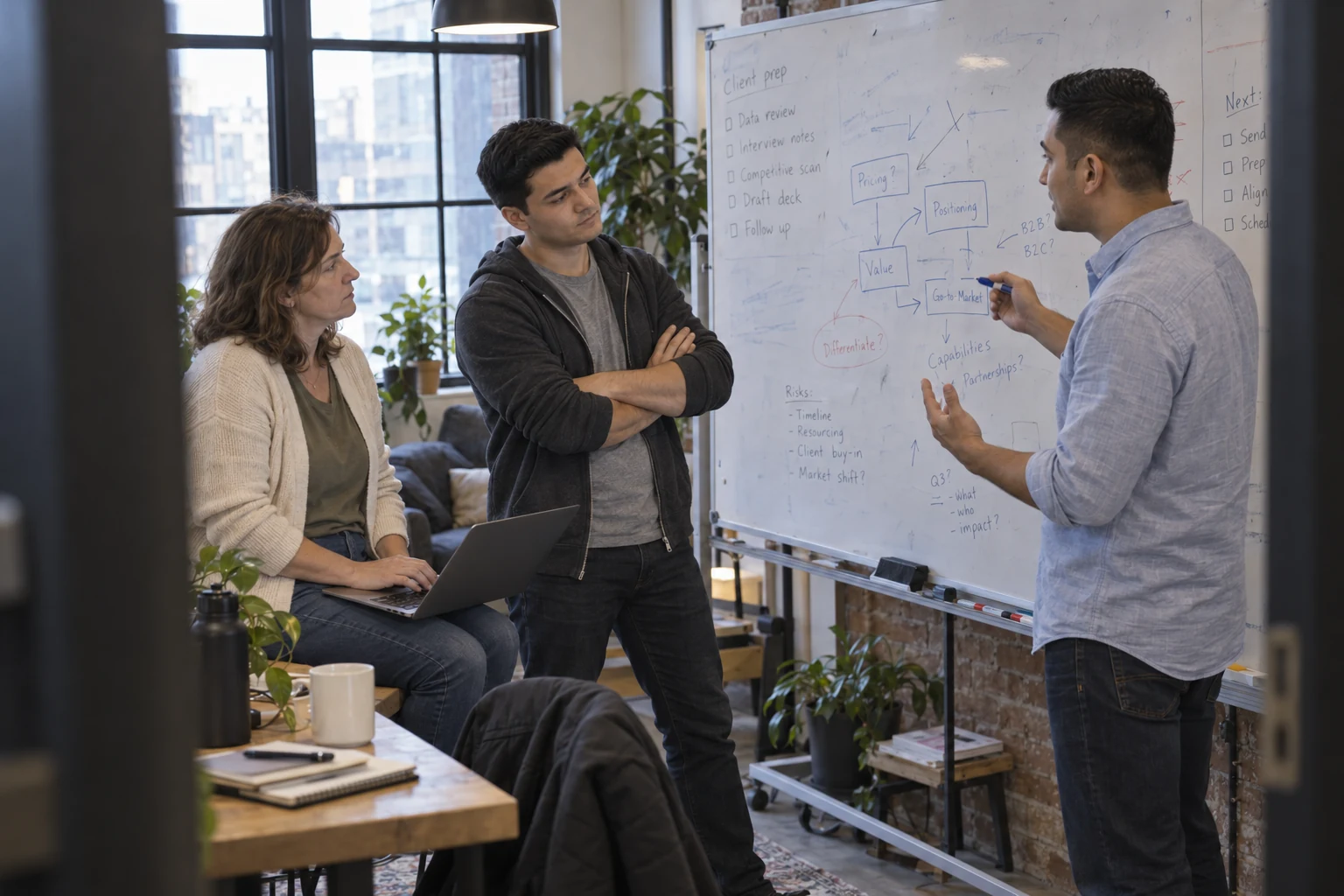 Illustrative workplace scene: Varis explains a whiteboard diagram while Jasur and a colleague discuss the approach.