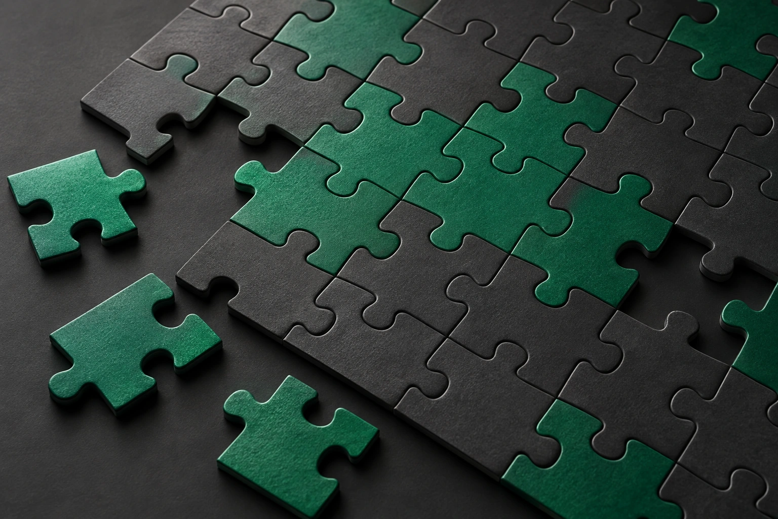 An intricate assembly of charcoal and emerald puzzle pieces coming together, representing complementary teaming capabilities.